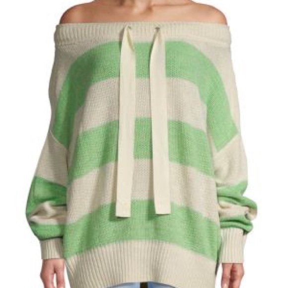 FREE PEOPLE Women’s “Cassidy” Green & White Striped Off Shoulder Tie Pullover XS - Picture 6 of 10